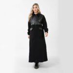 Stylish Long Black Wool Coat with Leather - Image 13