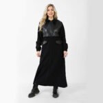 Stylish Long Black Wool Coat with Leather - Image 14