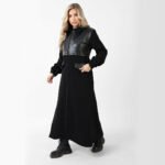 Stylish Long Black Wool Coat with Leather - Image 15