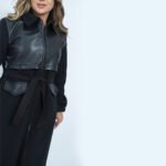 Stylish Long Black Wool Coat with Leather - Image 3