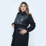 Stylish Long Black Wool Coat with Leather - Image 10