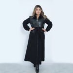 Stylish Long Black Wool Coat with Leather - Image 5
