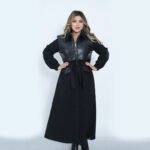 Stylish Long Black Wool Coat with Leather - Image 6