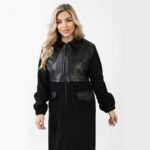 Stylish Long Black Wool Coat with Leather - Image 16