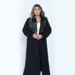 Stylish Long Black Wool Coat with Leather - Image 4