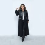 Stylish Long Black Wool Coat with Leather